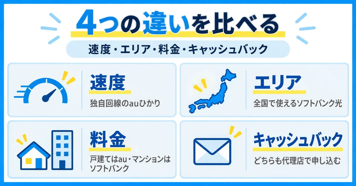 ソフトバンク光とauひかりの速度とエリアと料金の比較