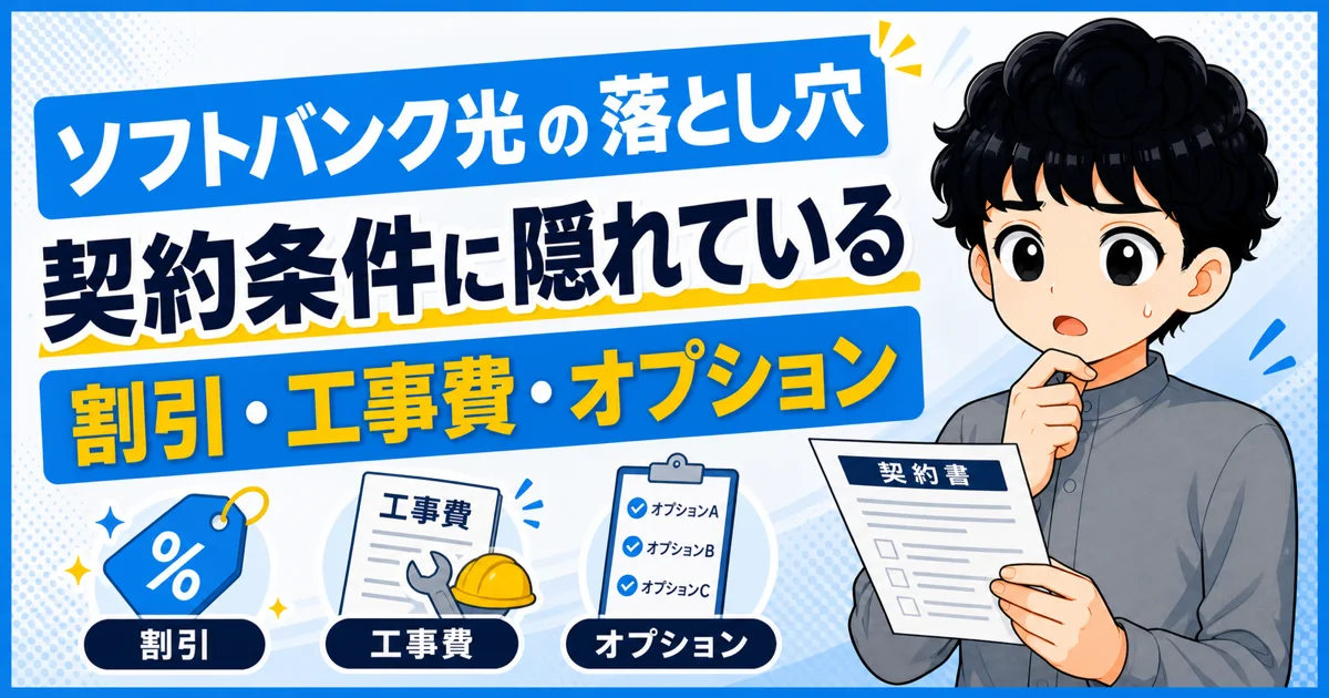 ソフトバンク光の割引、工事費、オプションに関する落とし穴を示す画像