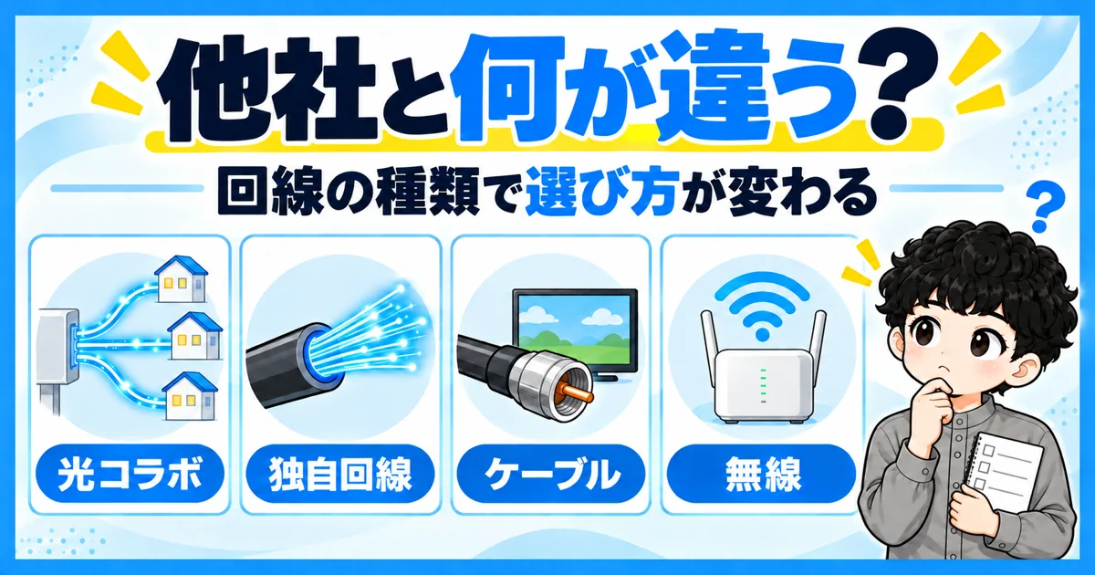 光コラボと独自回線とケーブルと無線の違いを比較する