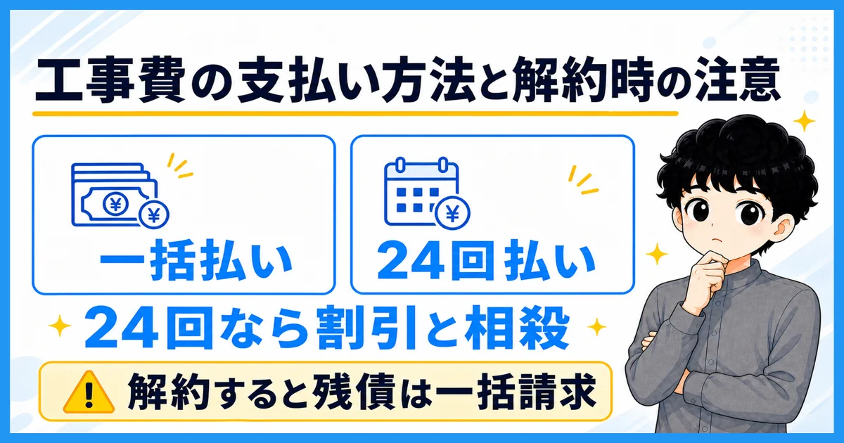 ソフトバンク光の工事費の支払い方法と解約時の扱いを示す図解