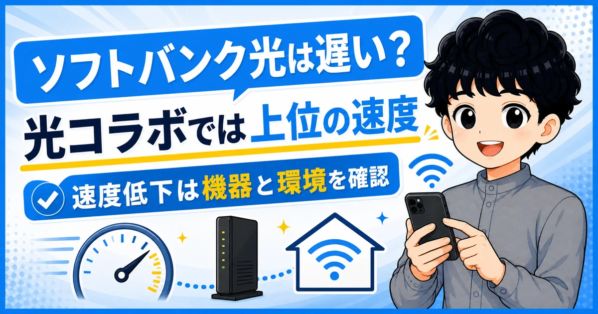 ソフトバンク光の速度と、速度低下時に確認したい機器や利用環境を示す画像
