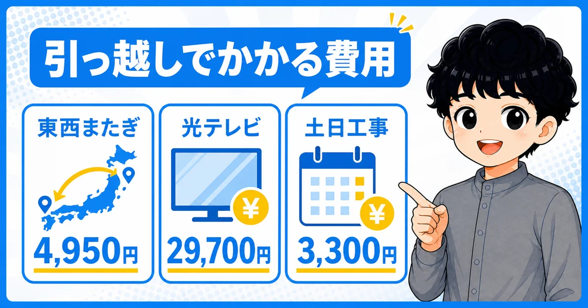 東西エリアをまたぐ場合の事務手数料とテレビ工事費を示す画像