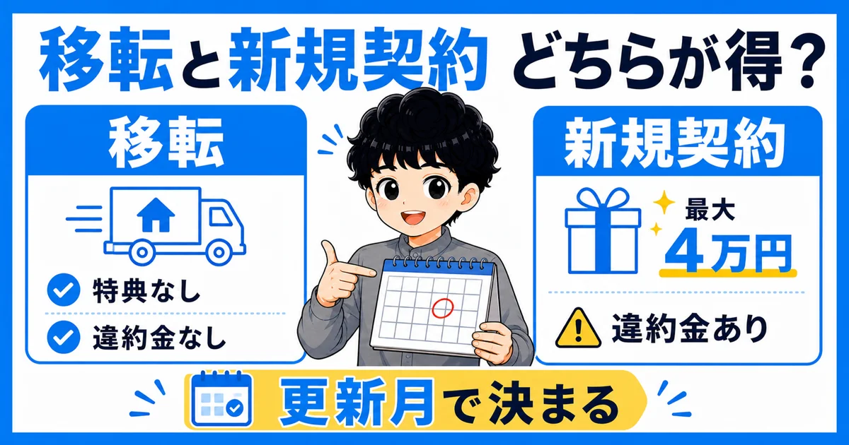 移転手続きと新規契約を特典、違約金、不通期間で比較する画像