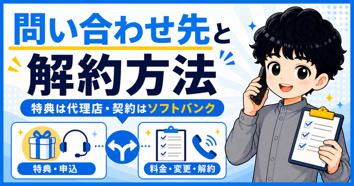 エヌズカンパニーとソフトバンク光の問い合わせ先・解約方法を示す図