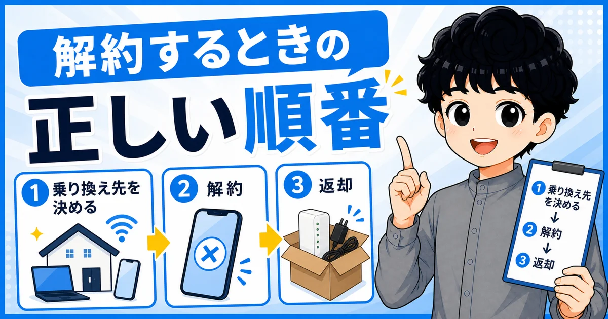 ソフトバンク光を乗り換え、解約、機器返却の順で進める流れを示す画像