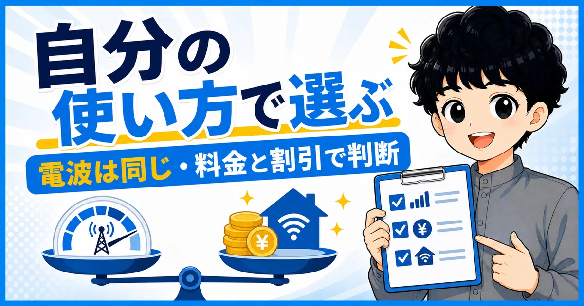 電波は同じで、料金と割引を自分の使い方に合わせて比較し選ぶことを示す画像
